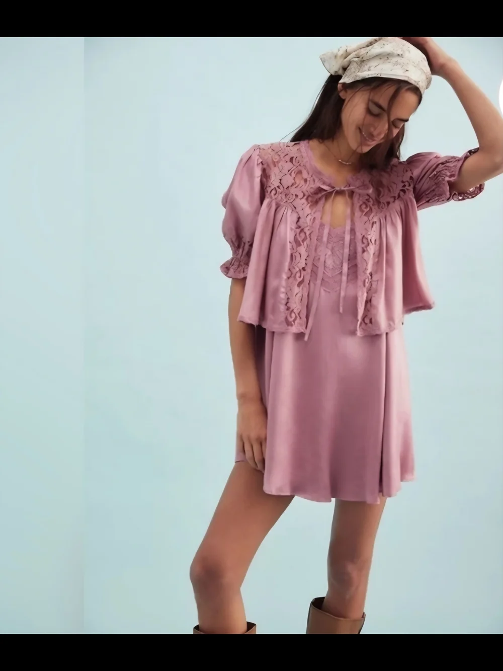 Free People Dusty Rose Satin Lace Nostalgia Chemise with Cropped Bolero